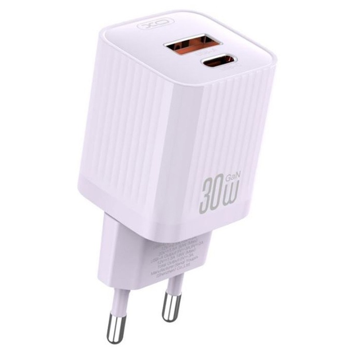 XO-L149 EU Plug Adapter, порт Type-C, бързо зареждане, 30 W мощност, лилав