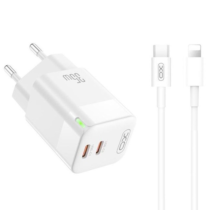 Комплект адаптер XO-CE07 и Lightning кабел, съвместим с iPhone, 35 W бързо зареждане, бял