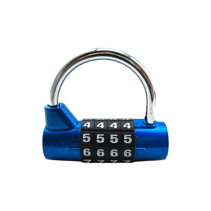 Lacat metalic cu parola, cu 4 cifre, pentru dulapuri, valize, genti de sport si biciclete, securitate antifurt, compact si usor de setat, culoare albastru