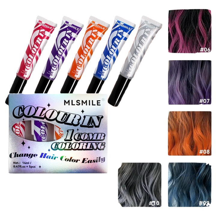Pieptene de culoare a parului MLSMILE Instant – Set de 5 culori temporare, Spalati cu apa pentru a restabili culoarea originala a parului- - Roz, violet-negru, portocaliu, albastru-negru, alb-argintiu,, cu perie de colorat parul
