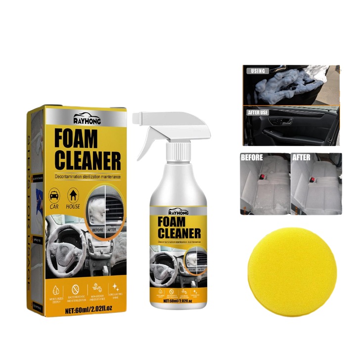 Комплект 2 броя активна почистваща пяна за интериор на автомобил - не изисква вода, мощен препарат за премахване на петна, 120 ml, гъба за почистване x2