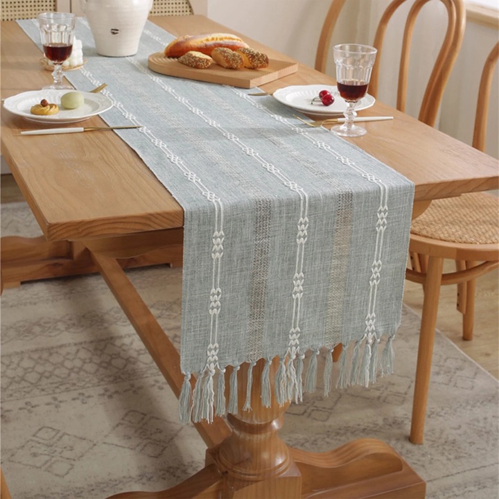 YANYXR BCS3068065 boho makramé asztali futó rojtokkal, lenvászon, áttört mintával, kék, 38 x 183 cm