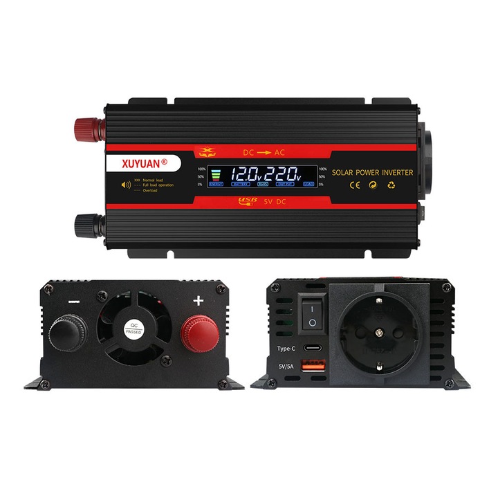 Invertor auto 700W, 4000W, 2 prize AC, 2 prize USB, design portabil, protectie incorporata