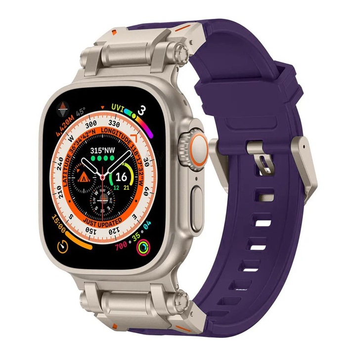 Óraszíj Apple Watchhoz 1/2/3/4/5/6/7/8/9/10/SE/SE 2/Ultra/Ultra 2 42/44/45/46/49mm, F26, szilícium, titán ezüst bogyó lila