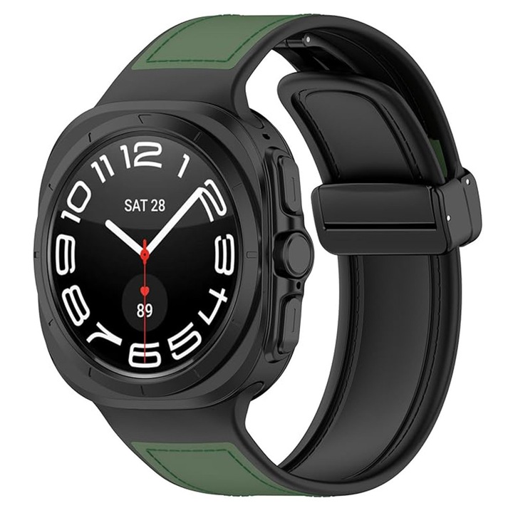 Curea de ceas din silicon si piele ecologica compatibila cu Samsung Galaxy Watch Ultra 47mm, inchidere magnetica, ajustabila, Negru-Verde