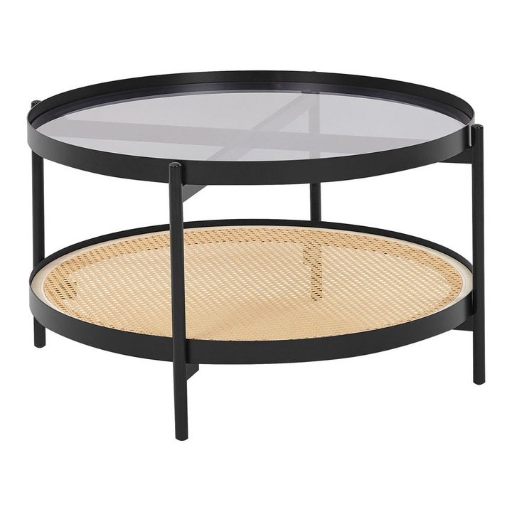 Masuta de cafea cu blat din sticla si lemn maro deschis cu negru Reno