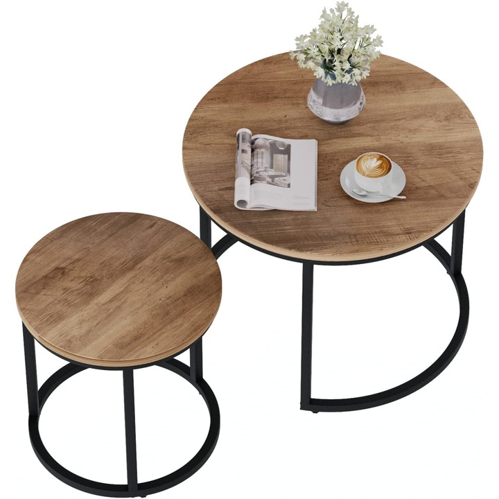 Set mese de cafea, Smuxee, 60 cm, 2 bucati, lemn, picioare antialunecare, design industrial