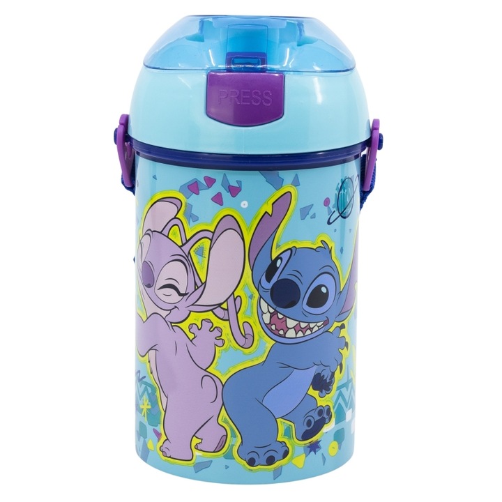 Sticla din plastic cu pai si curea, Lilo & Stitch 450 ml Albastru 450 ml