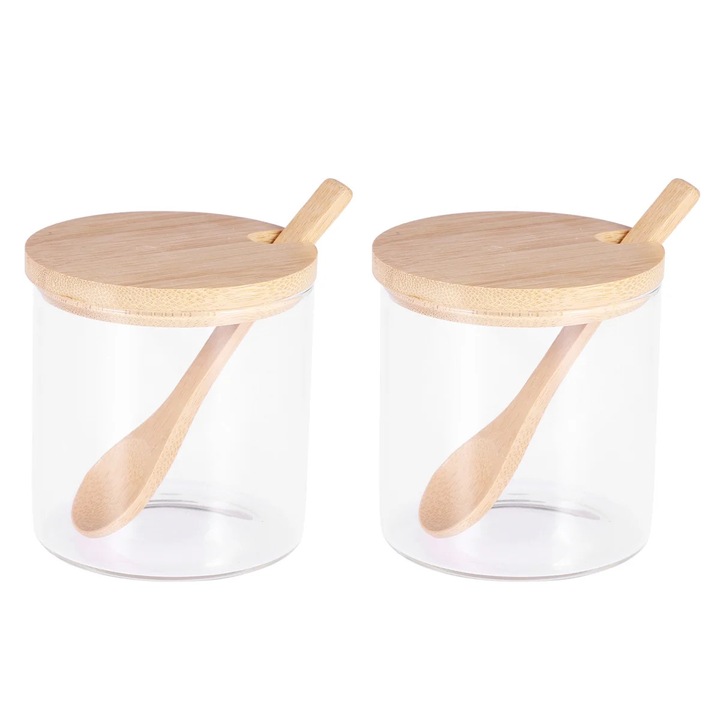 Set 2 borcane condimente, sticla si bambus, cu lingurita, 8x8x8cm