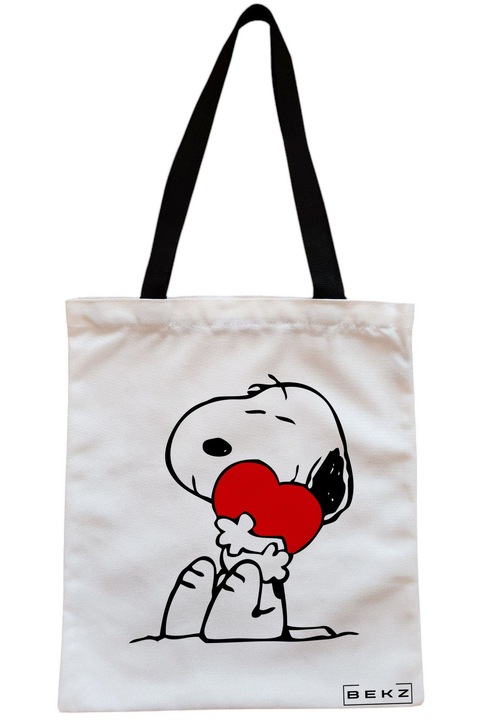 Sacosa Cumparaturi Textila cu Fermoar, Geanta Tote, model Doggo Love, 38x34.5 cm, Alba, BEKZ®