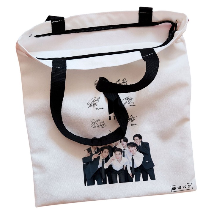 Vászon női hordtáska, BTS Army 6 Signature Modell, 38x34,5 cm, fehér, BEKZ