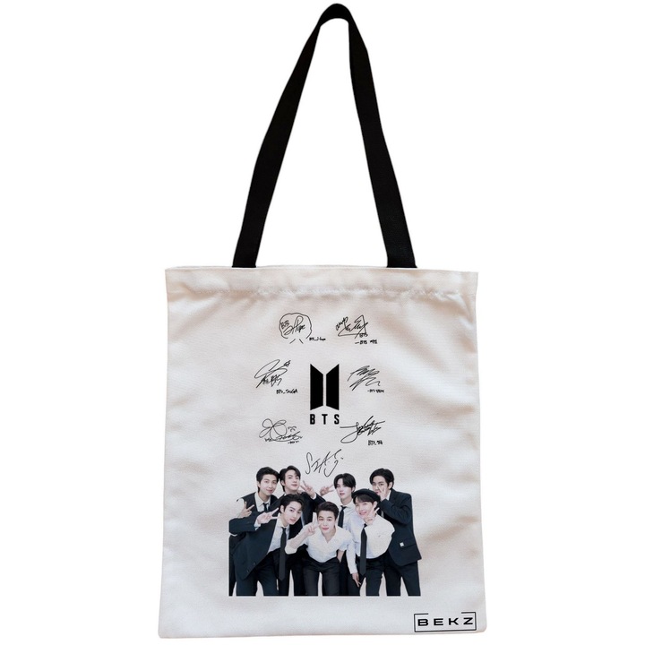 Vászon női hordtáska, BTS Army 6 Signature Modell, 38x34,5 cm, fehér, BEKZ