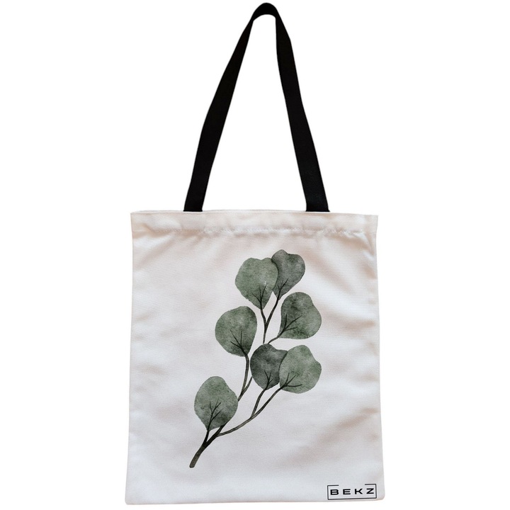 Vászon női táska, akvarell levélmintás, 38x34,5 cm, fehér, BEKZ