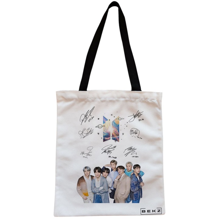 Vászon női hordtáska, BTS Army 9 Signature Modell, 38x34,5 cm, fehér, BEKZ