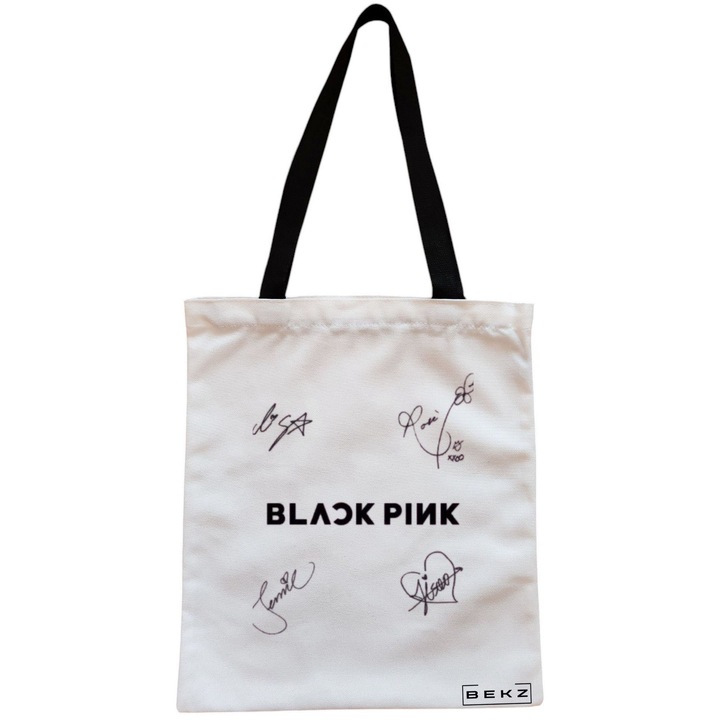 Vászon női táska, fekete rózsaszín 8 jelű minta, 38x34,5 cm, fehér, BEKZ