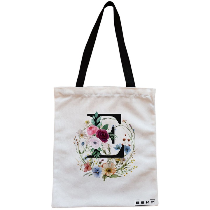Платнена дамска чанта, с буква E във флорален венец, 38x34,5 см, бяла, BEKZ®