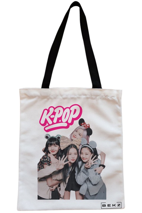 Sacosa Cumparaturi Textila cu Fermoar, Geanta Tote, model Blackpink k-pop, 38x34.5 cm, Alba, BEKZ®