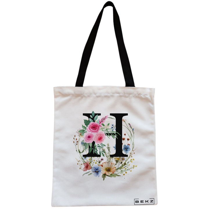 Платнена дамска чанта, с буква H във флорален венец, 38x34,5 см, бяла, BEKZ®