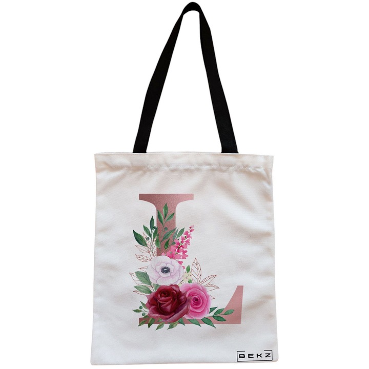 Vászon női hordtáska, L betűvel Rose Gold és Roses, 38x34,5 cm, fehér, BEKZ