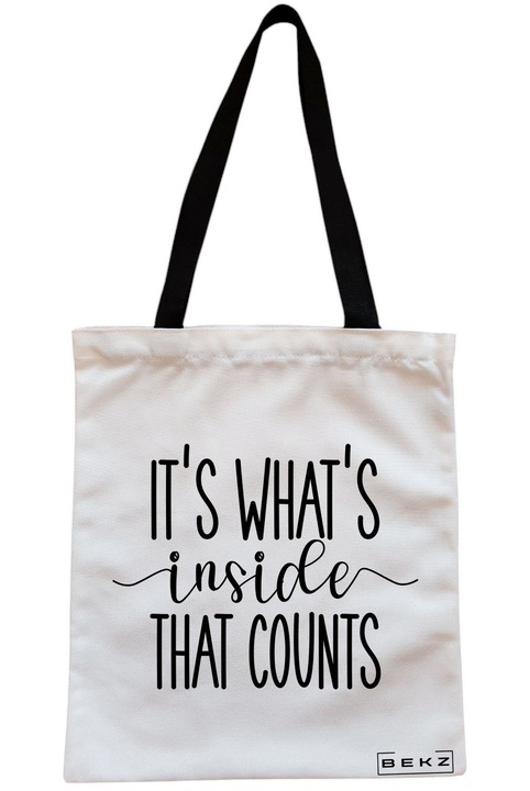 Sacosa Cumparaturi Textila cu Fermoar, Geanta Tote, model It's what's inside that counts, 38x34.5 cm, Alba, BEKZ®
