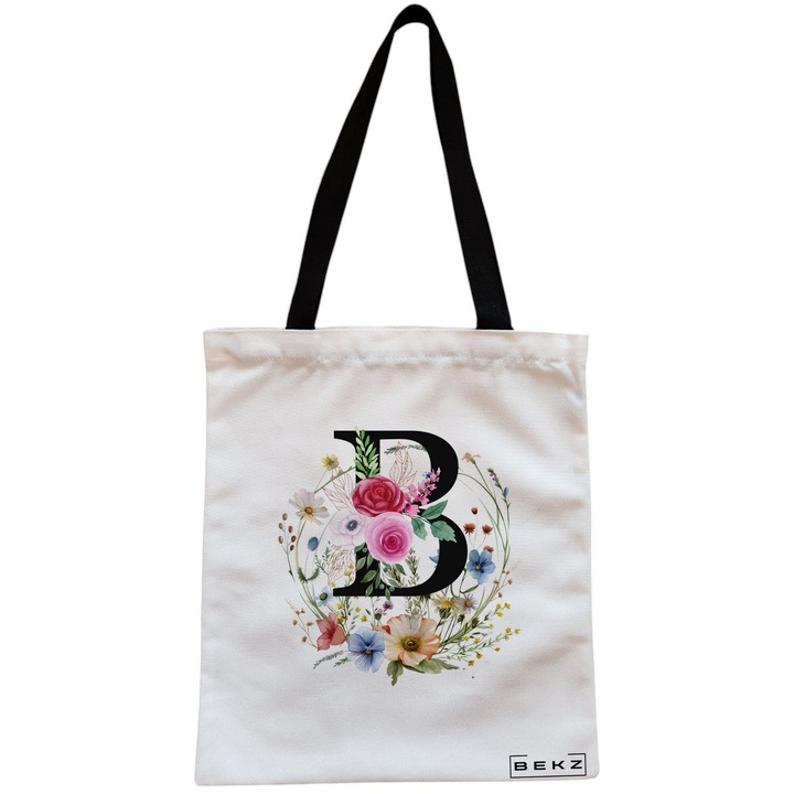 Платнена дамска чанта, с буква B във флорална корона, 38x34,5 см, бяла, BEKZ®