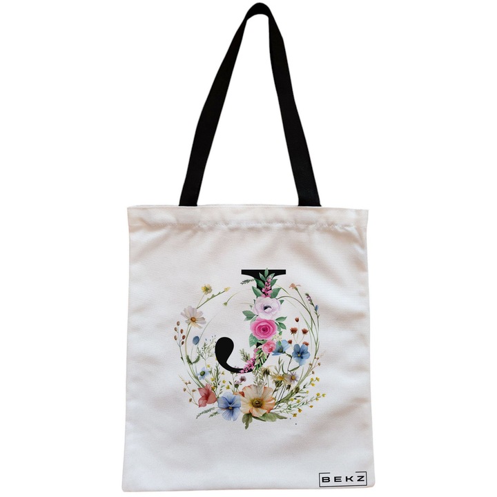 Vászon női hordtáska, virágkoszorús J betűvel, 38x34,5 cm, fehér, BEKZ