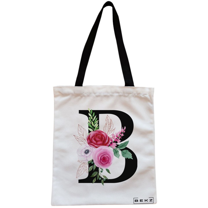 Vászon női hordtáska, B betűvel és rózsákkal, 38x34,5 cm, fehér, BEKZ