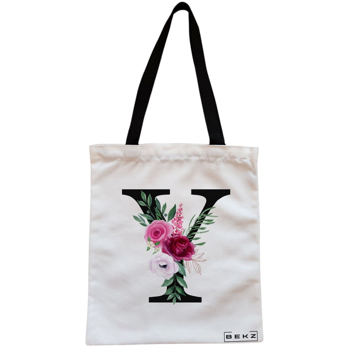 Vászon női hordtáska, Y betűvel és rózsákkal, 38x34,5 cm, fehér, BEKZ