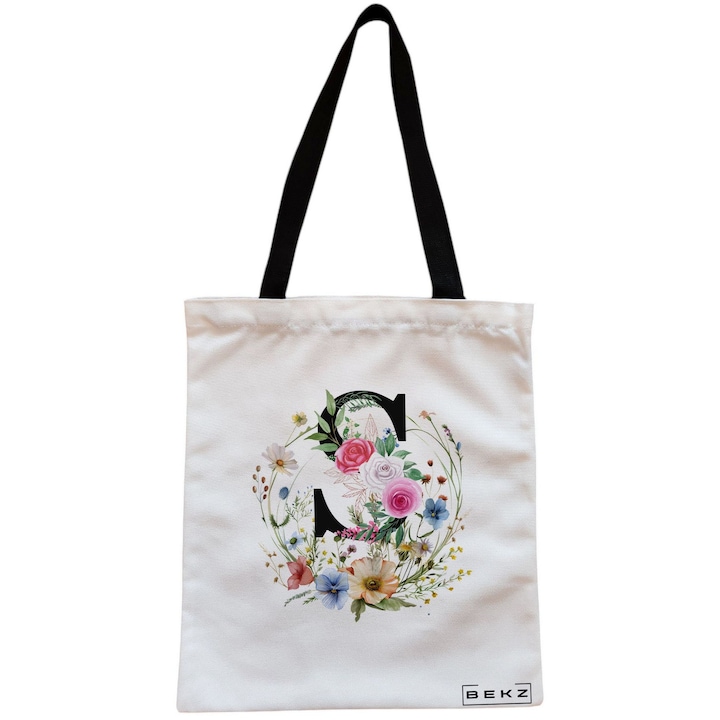 Vászon női táska, S betűvel virágkoszorúban, 38x34,5 cm, fehér, BEKZ
