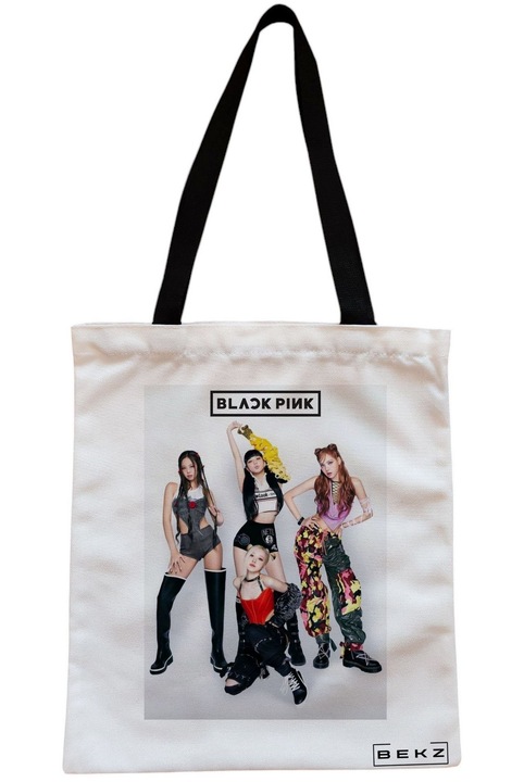 Sacosa Cumparaturi Textila cu Fermoar, Geanta Tote, model Blackpink 4, 38x34.5 cm, Alba, BEKZ®