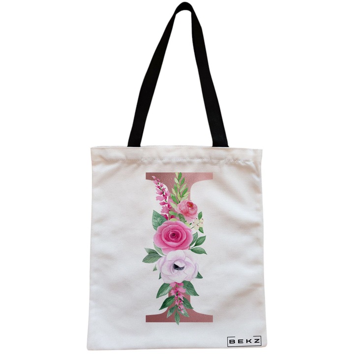 Vászon női hordtáska, I betűvel Rose Gold és Roses, 38x34,5 cm, fehér, BEKZ