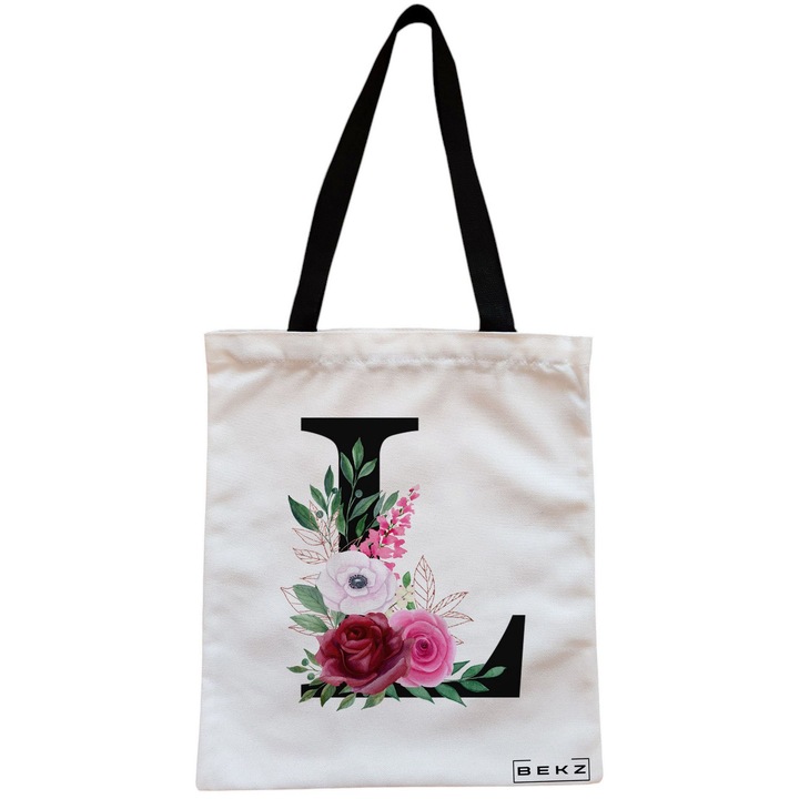 Vászon női hordtáska, L betűvel és rózsákkal, 38x34,5 cm, fehér, BEKZ