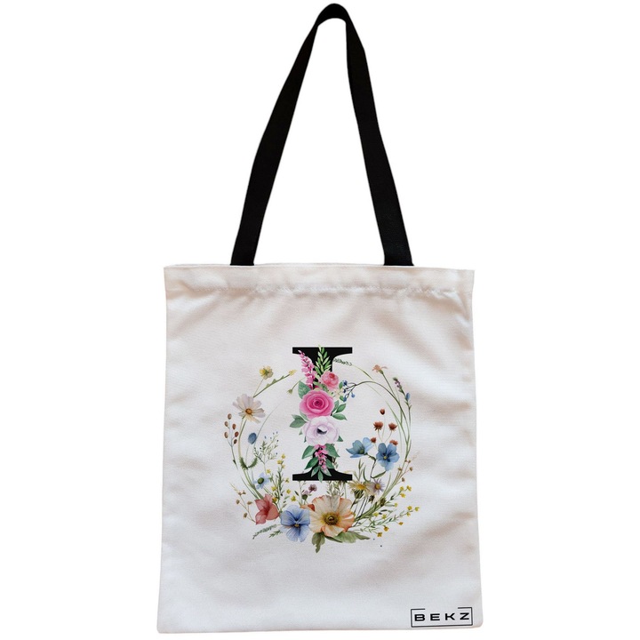 Платнена дамска чанта, с буква I във флорален венец, 38x34,5 см, бяла, BEKZ®