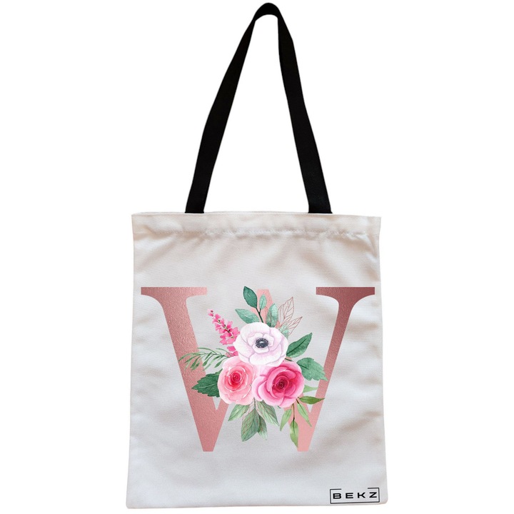 Vászon női hordtáska W betűvel Rose Gold és Roses, 38x34,5 cm, fehér, BEKZ