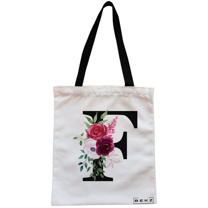 Vászon női hordtáska, F betűvel és rózsákkal, 38x34,5 cm, fehér, BEKZ