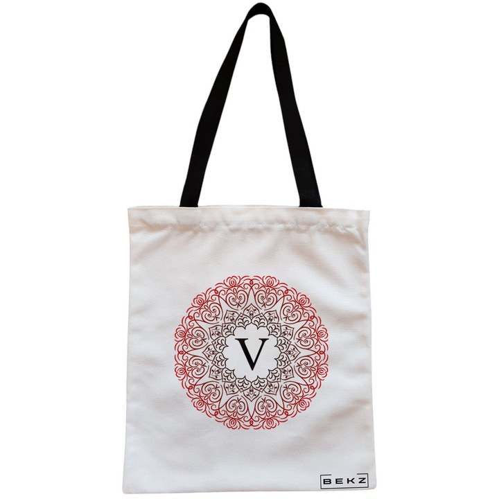 Vászon női hordtáska, V betűvel és rózsákkal, 38x34,5 cm, fehér, BEKZ