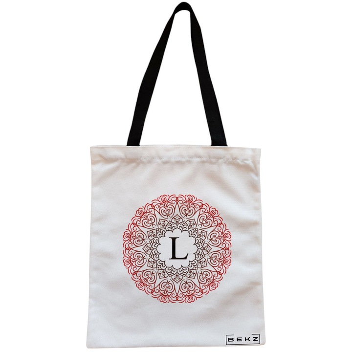 Vászon női hordtáska, L betűvel és rózsákkal, 38x34,5 cm, fehér, BEKZ