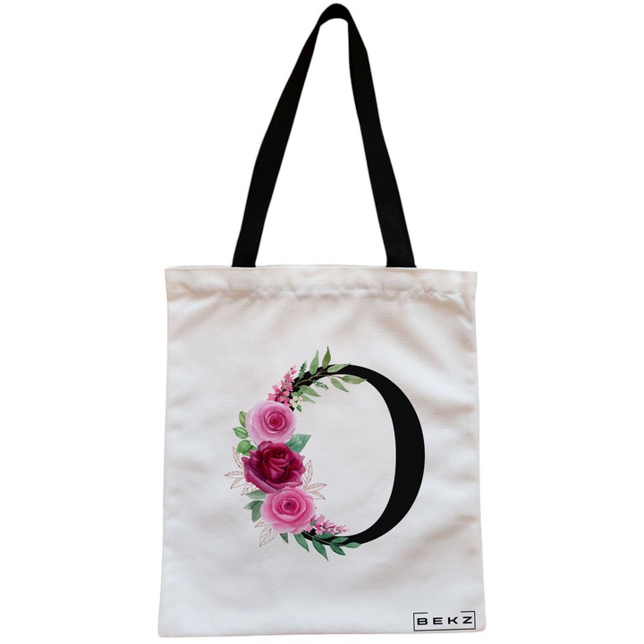 Vászon női hordtáska, O betűvel és rózsákkal, 38x34,5 cm, fehér, BEKZ