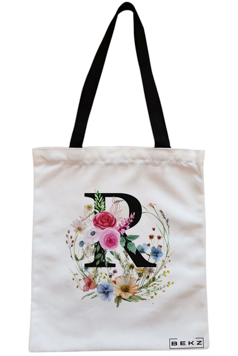Sacosa Cumparaturi Textila cu Fermoar, Geanta Tote, Cu litera R in Coronita Florala, 38x34.5 cm, Alba, BEKZ®