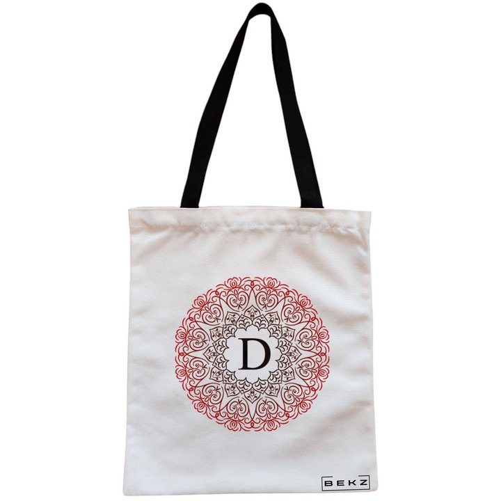 Vászon női hordtáska, D betűvel és rózsákkal, 38x34,5 cm, fehér, BEKZ