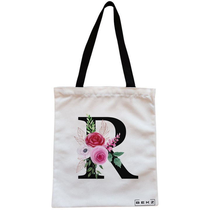 Vászon női hordtáska, R betűvel és rózsákkal, 38x34,5 cm, fehér, BEKZ