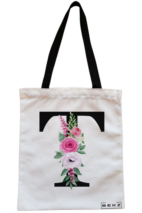 Sacosa Cumparaturi Textila cu Fermoar, Geanta Tote, Cu litera T si Trandafiri, 38x34.5 cm, Alba, BEKZ®