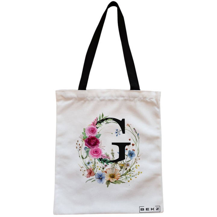 Vászon női hordtáska, virágkoszorús G betűvel, 38x34,5 cm, fehér, BEKZ