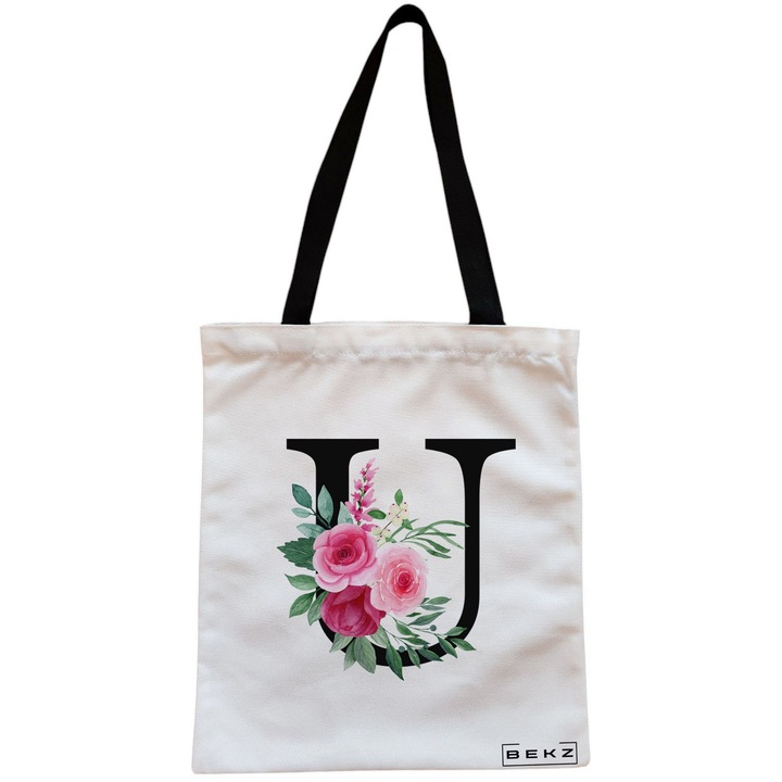 Vászon női hordtáska, U betűvel és rózsákkal, 38x34,5 cm, fehér, BEKZ