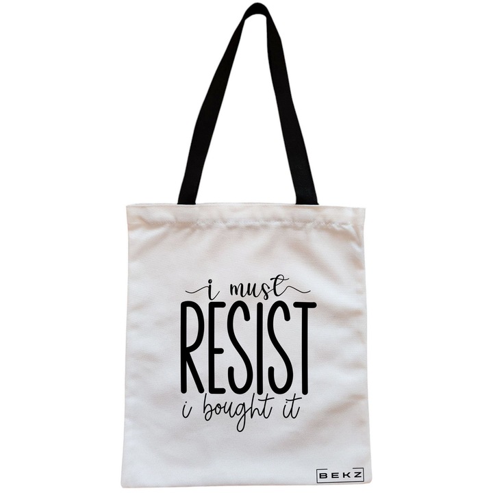 Vászon női hordtáska, muszáj ellenállnom, modellt vettem, 38x34,5 cm, fehér, BEKZ