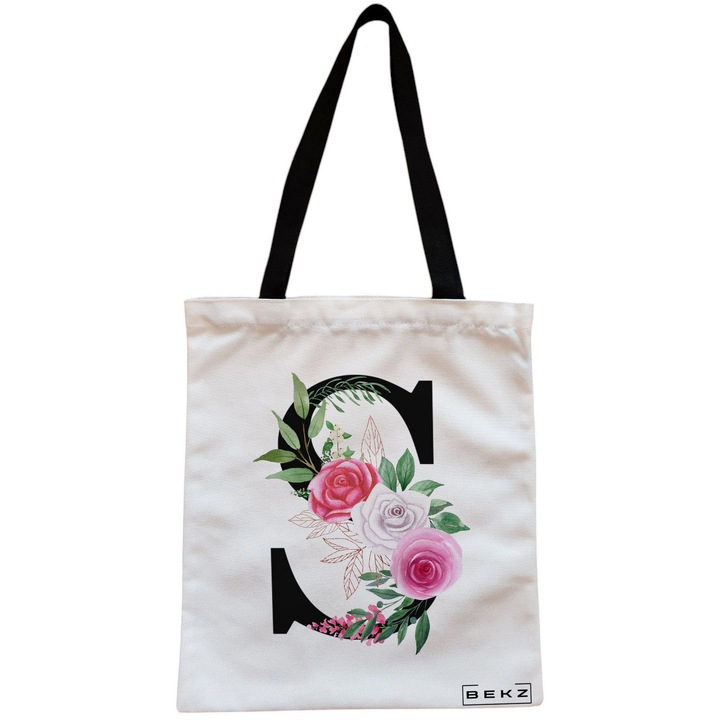 Vászon női hordtáska, S betűvel és rózsákkal, 38x34,5 cm, fehér, BEKZ