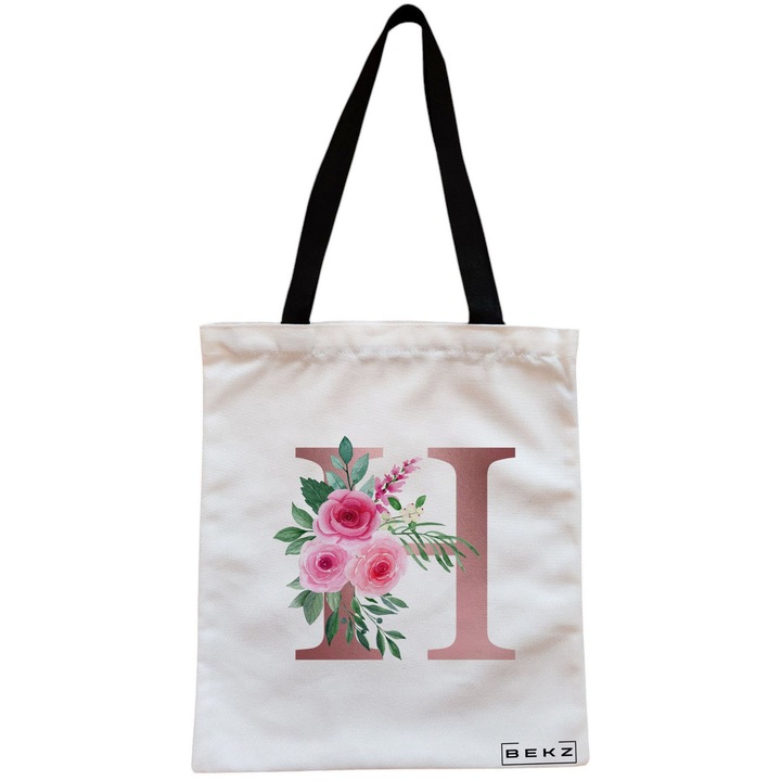 Vászon női hordtáska, Rose Gold H betűvel és rózsákkal, 38x34,5 cm, fehér, BEKZ