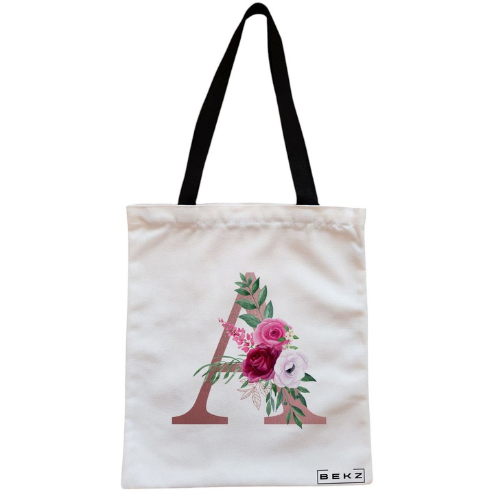 Vászon női hordtáska, A betűvel rózsaarany és rózsák, 38x34,5 cm, fehér, BEKZ