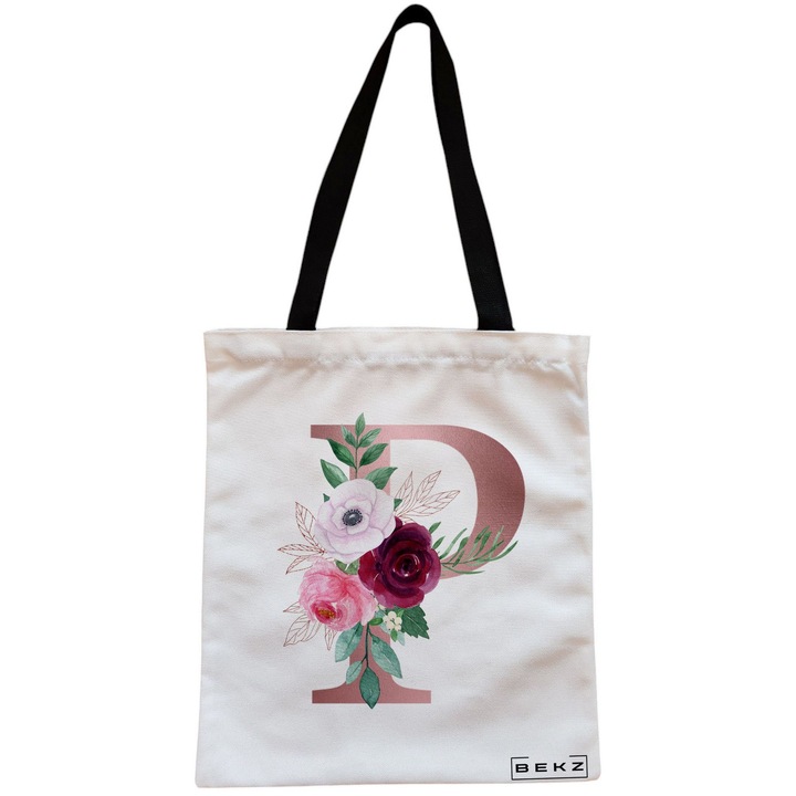 Vászon női hordtáska, P betűvel Rose Gold and Roses, 38x34,5 cm, fehér, BEKZ