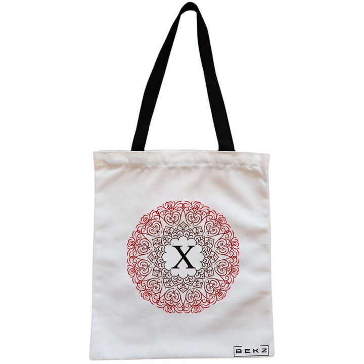 Vászon női hordtáska, X betűvel és rózsákkal, 38x34,5 cm, fehér, BEKZ